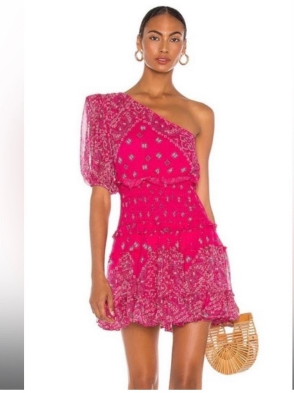 Rococo Sand Romani One-Shoulder Bandana Print Smocked Mini Dress Size XS